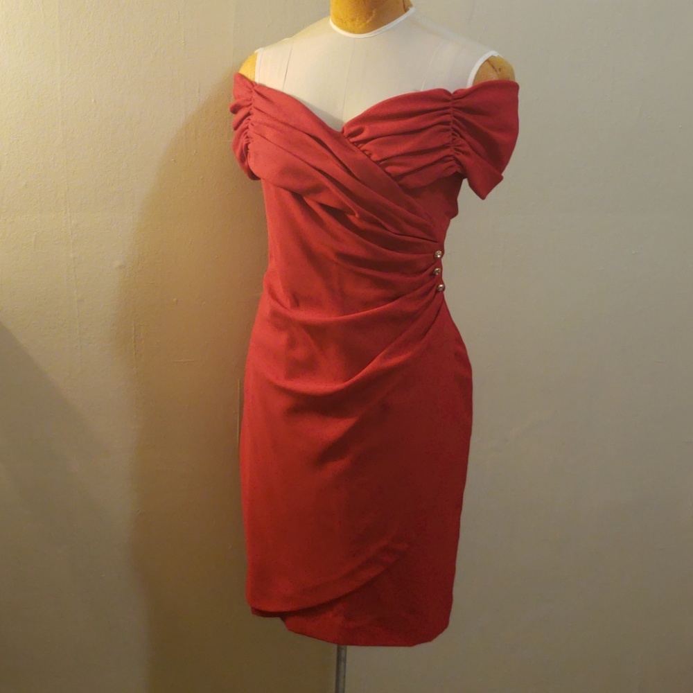 80s Red off the shoulder holiday cocktail dress